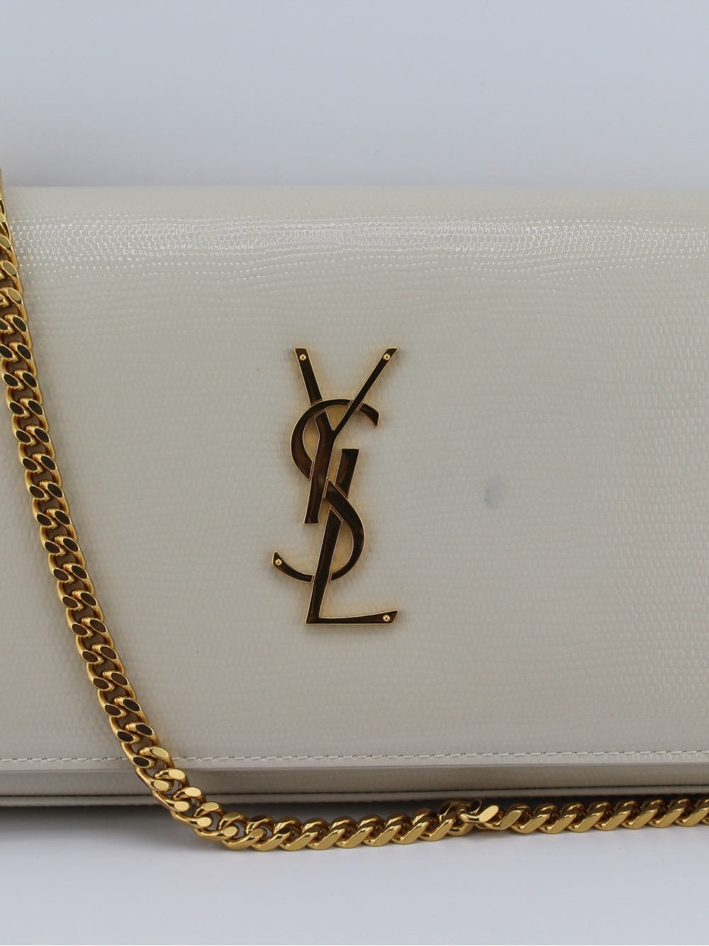 Saint Laurent White Leather Crossbody with Gold Chain and YSL Logo
